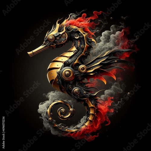 Generative Ai with illustration of a black and gold seahorse with red flames floating in the dark void.