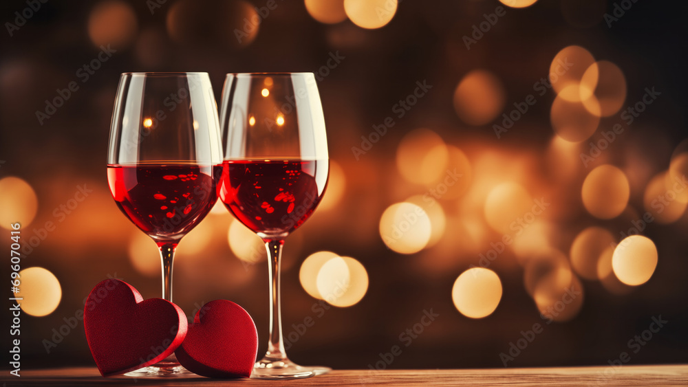 Two glasses of red wine standing on table with heart shape on festive golden bokeh background. Love anniversary birthday celebration concept - obrazy, fototapety, plakaty 