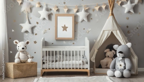 the modern scandinavian newborn baby room with mock up photo frame wooden car plush rhino and clouds hanging cotton flags and white stars minimalistic and cozy interior with white walls real photo photo