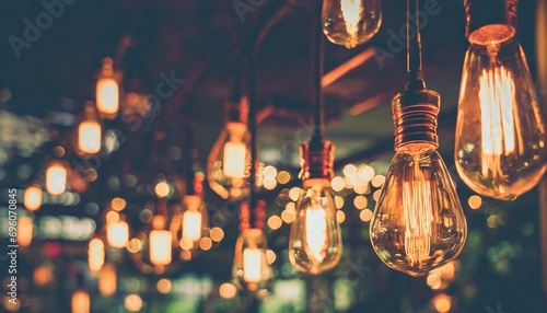 beautiful vintage luxury light bulb hanging decor glowing in dark retro filter effect style © Josue
