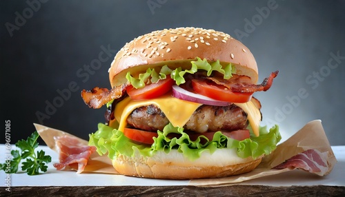 big fresh burger with cheese and bacon on white background