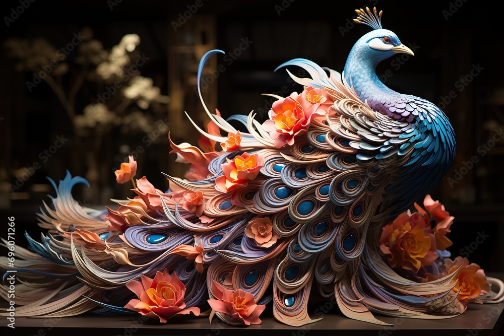 A paper art peacock displays a bloom of florals in a quilling masterpiece