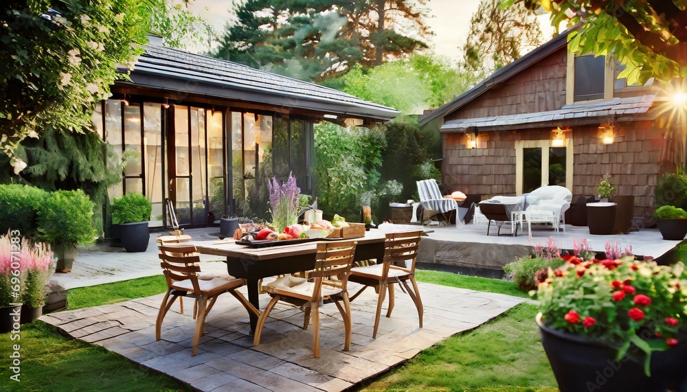 beautiful backyard with barbeque area and dining table