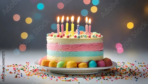 colorful birthday cake with candles on white background