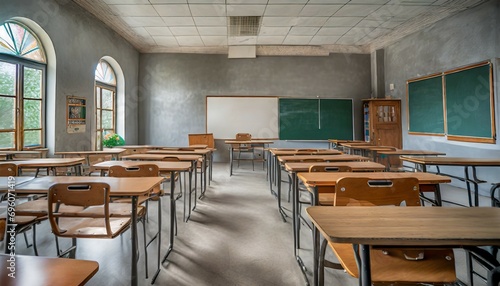 empty classroom back to school concept in high school classroom interior vintage wooden lecture wooden chairs and desks studying lessons in secondary education generative ai