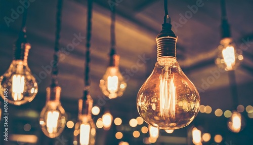 beautiful vintage luxury light bulb hanging decor glowing in dark retro filter effect style © Leila