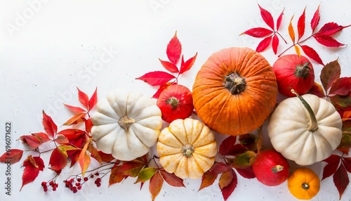 autumn arrangement of pumpkins with red leaves over white background autumn border of pumpkins and red fall leaves on a white background generative ai