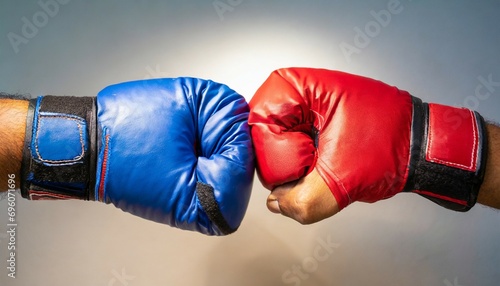 hands of two men with blue and red boxing gloves bumped their fists © Leila