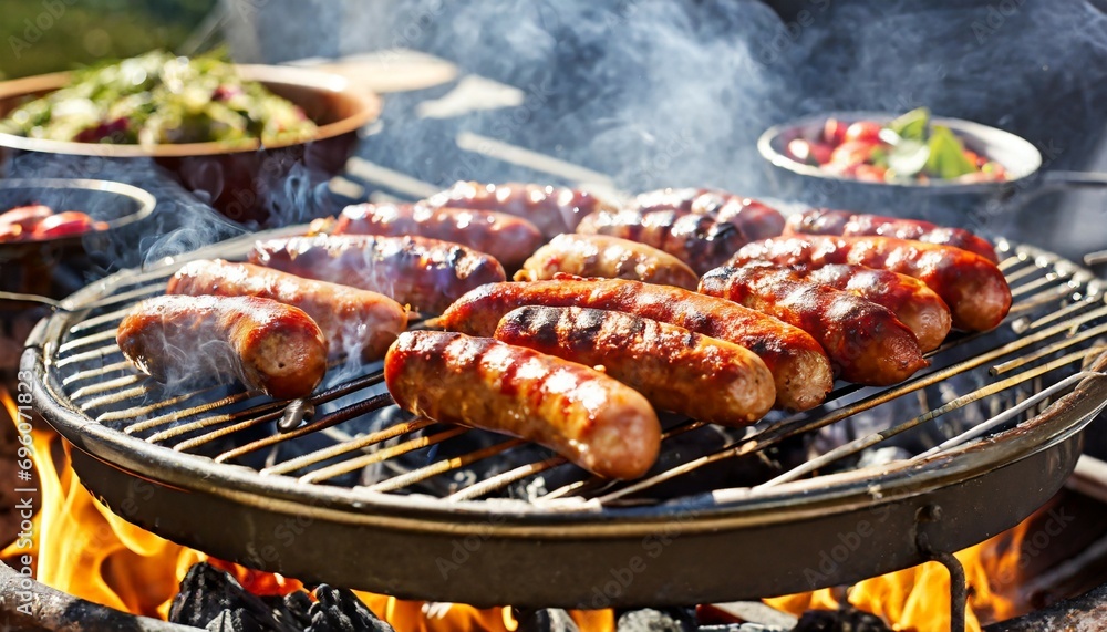 bbq with fiery sausages on the grill