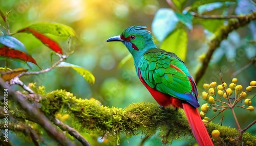 beautiful bird in nature tropic habitat resplendent quetzal pharomachrus mocinno savegre in costa rica with green forest background magnificent sacred green and red bird birdwatching in jungle photo