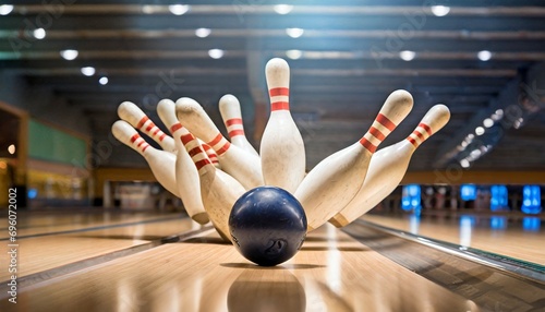 Fotografering ball does strike on ten pin bowling in skittle ground