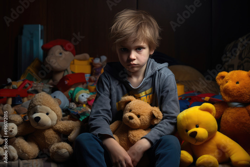 Sad upset caucasian little preschool boy with many toy sitting on floor.
