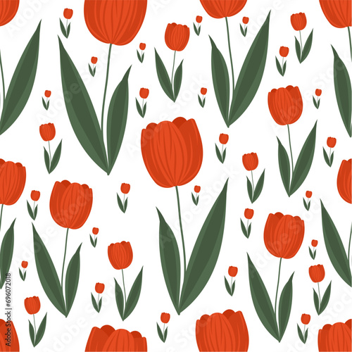 Vibrant tulip vector pattern on isolated background. Beautiful red tulips  green leaves. For textiles  wallpaper  wrapping paper.