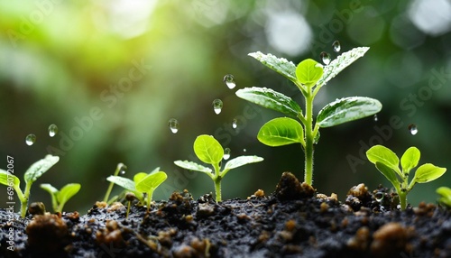 young plants growing up on ground with raining drop save the life