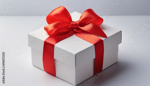 white gift box with red ribbon bow on white