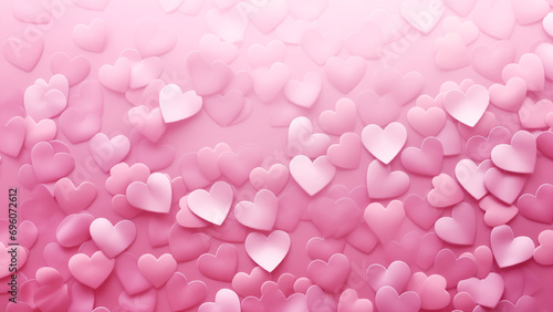 Valentines day backdrop d of pink confetti in the form of hearts, Flat lay style with minimalistic design. Template for banner or party invitation. Generative AI