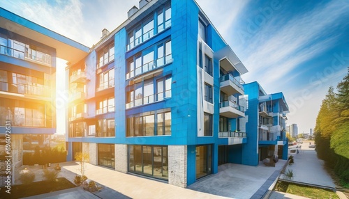 modern corner apartment complex with blue colored windows and light leaks