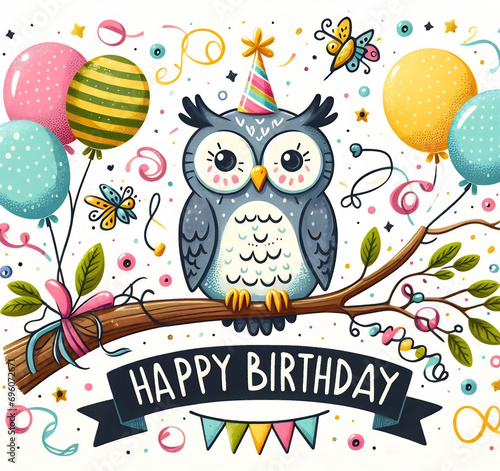 Owl themed birthday card, funny owl with party hat on a branch