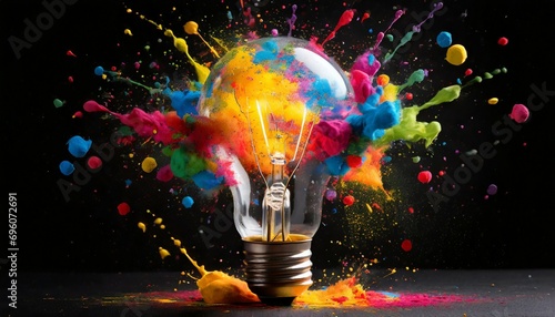 creative light bulb explodes with colorful paint and splashes on a black background think differently creative idea concept