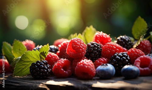 Wallpaper Mural Fresh and vibrant assortment of delicious berries on a log. Torontodigital.ca