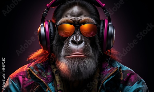 Chimpanzee in bright informal clothes wearing big professional headphones, in neon light. Closeup studio portrait. photo