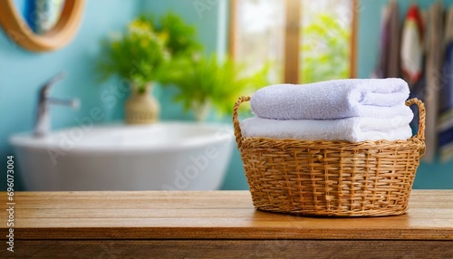 towel in basket on wooden table over blurred bathroom background photo