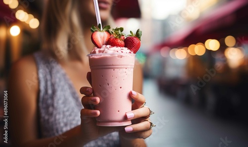 Closeup of a woman holding a healthy pink smoothie, street photography photo