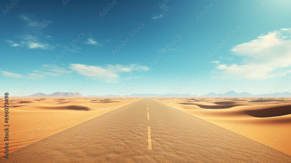 A desert highway stretching into the horizon, surrounded by golden sand dunes and a clear blue sky.