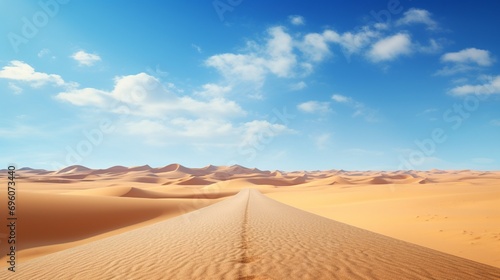 A desert highway stretching into the horizon  surrounded by golden sand dunes and a clear blue sky.