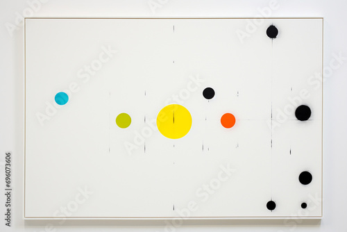 A minimalist abstract piece characterized by a solitary dot in a bold, contrasting color against a stark white canvas.