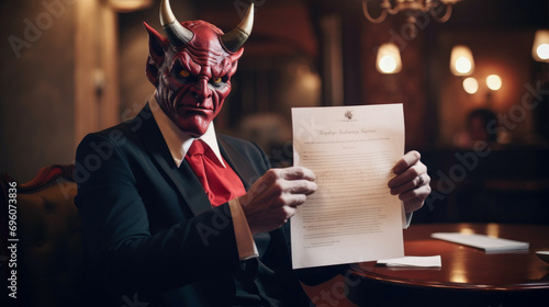 A pact with the devil. The devil holds a document in his hands