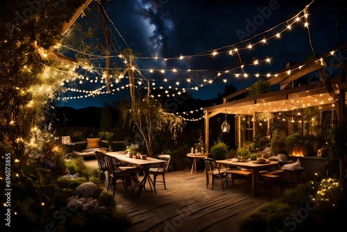 An enchanting backyard garden illuminated by fairy lights, creating a magical atmosphere under the starry night sky.