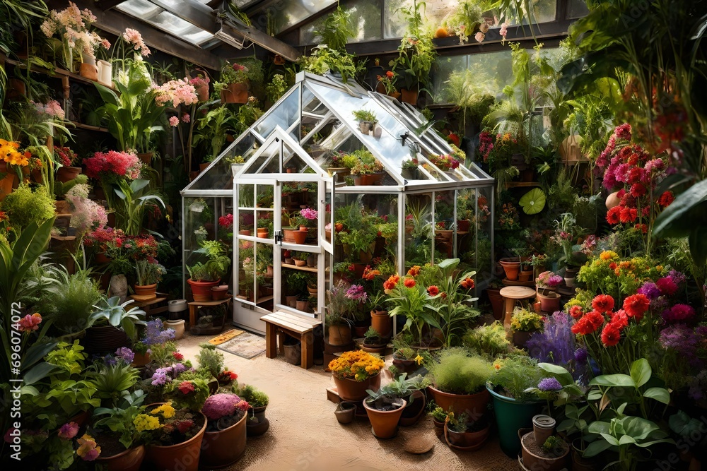 A backyard greenhouse filled with an array of exotic plants and flowers, creating a vibrant and colorful botanical haven.