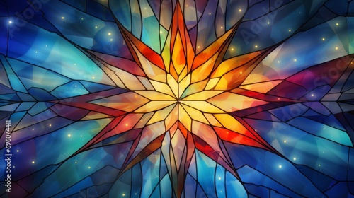 Stained glass window background with colorful Star and sunshine abstract.