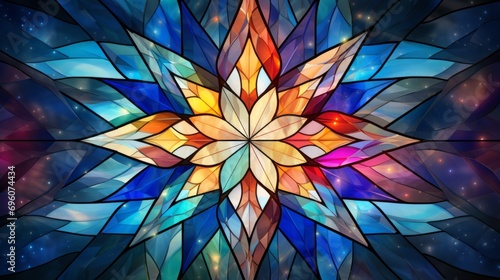 Stained glass window background with colorful Star and sunshine abstract. © soysuwan123