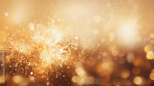Abstract gold glitter background with fireworks. christmas eve  new year and 4th of july holiday concept.