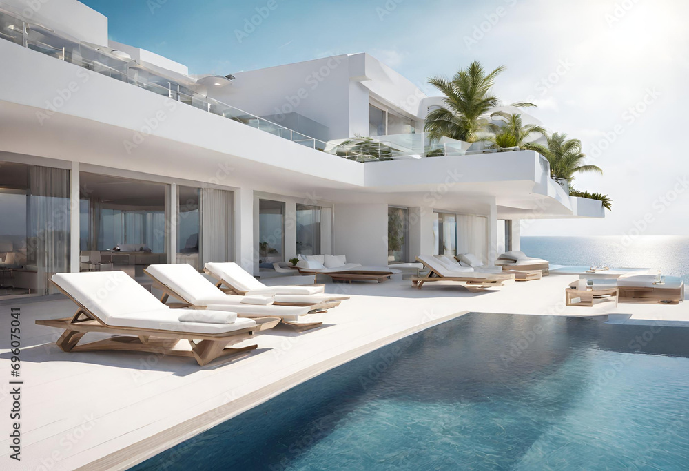 Sea view.Luxury modern white beach hotel with swimming pool. Sunbed on sundeck for vacation home or hotel Sea view.Luxury modern white beach hotel with swimming pool. Sunbed on sundeck for vacation home or hotel