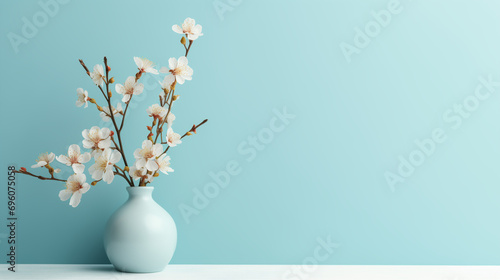 Frühlingsstrauß in einer hellen Vase vor hellblauem Hintergrund, minimalistische und elegante Osterdekoration, wallpaper photo