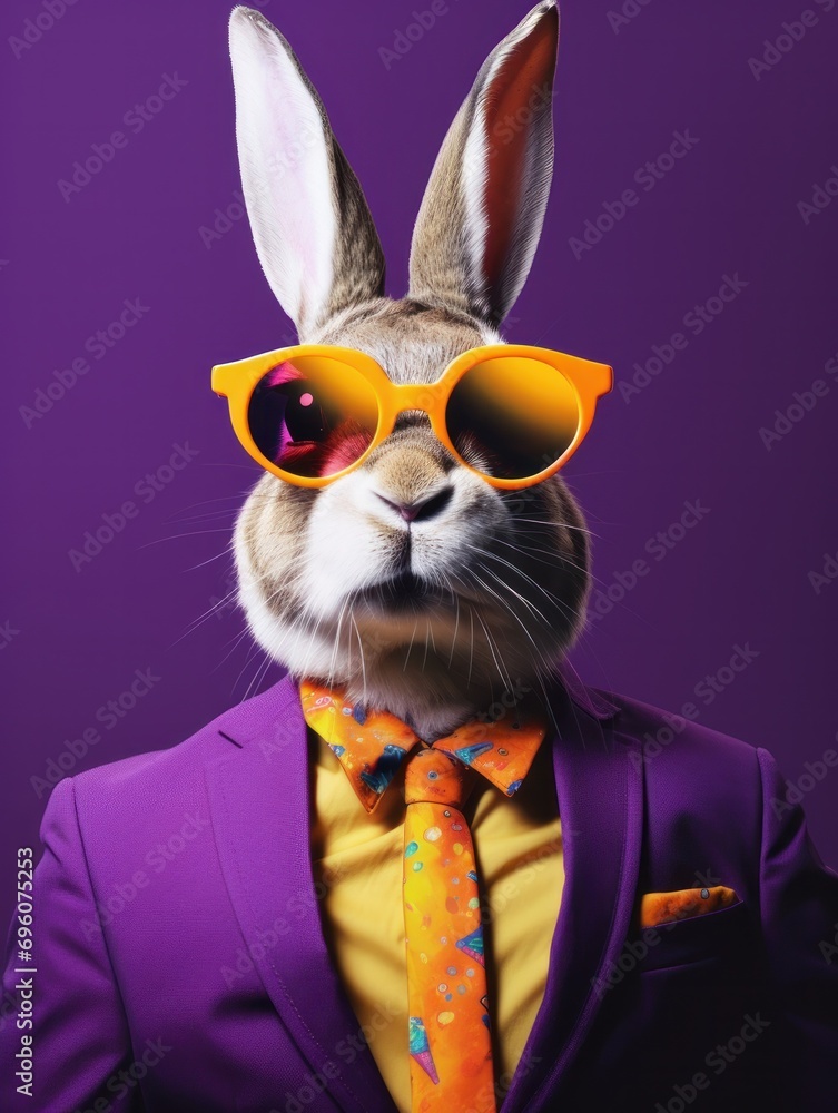 Vibrant Easter Bunny Art: Festive Rabbit in Stylish Suit & Shades | Fun Spring Illustration for Celebrations & Fashion Trends. Generative AI