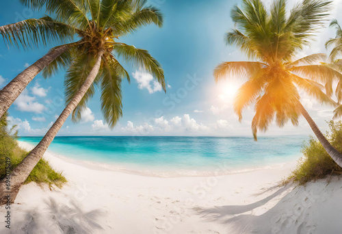 Beautiful tropical beach banner. White sand and coco palms travel tourism wide panorama background concept. Amazing beach landscape © Mohsin