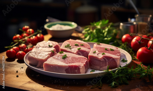 Gourmet Meal Preparation: Fresh Pork Chops with Herbs and Tomatoes on Rustic Kitchen Counter