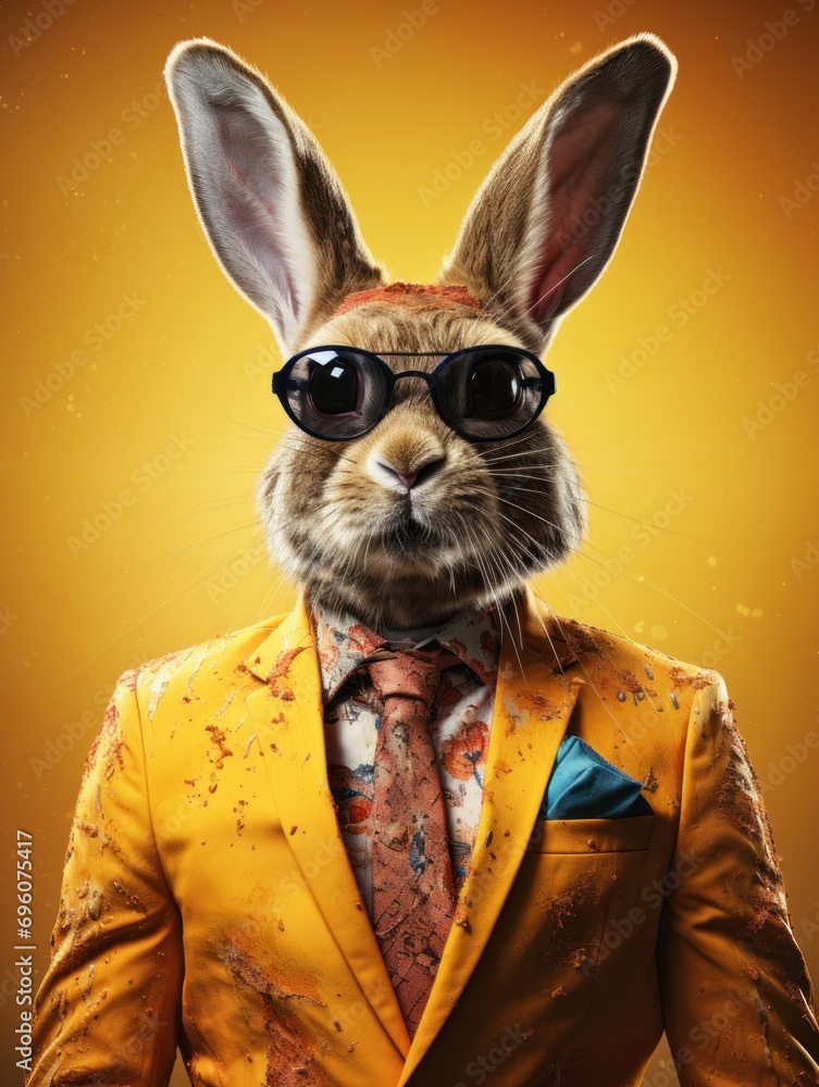Vibrant Easter Bunny Art: Festive Rabbit in Stylish Suit & Shades | Fun Spring Illustration for Celebrations & Fashion Trends. Generative AI