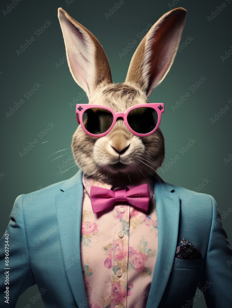 Vibrant Easter Bunny Art: Festive Rabbit in Stylish Suit & Shades | Fun Spring Illustration for Celebrations & Fashion Trends. Generative AI