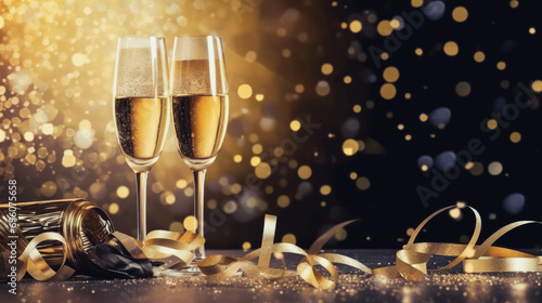 Happy New Year and Christmas holidays background celebration with champagne glasses comeliness