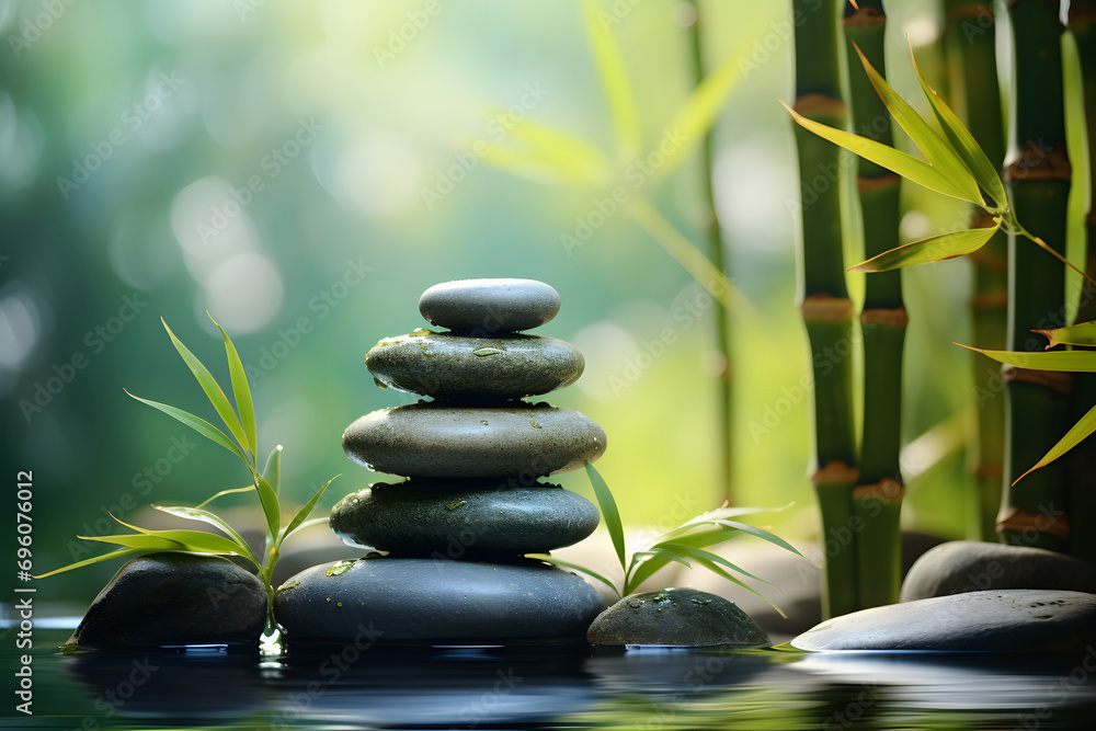 a stack or pyramid of stones, bamboo stalks near the water. a balancing pebble stone. the concept of relaxation. a stack or pyramid of stones, bamboo stalks near the water. a balancing pebble stone. the concept of relaxation.