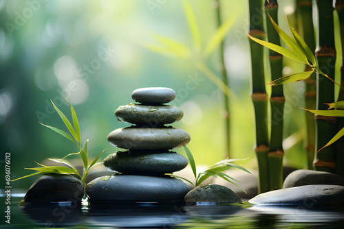 a stack or pyramid of stones, bamboo stalks near the water. a balancing pebble stone. the concept of relaxation.