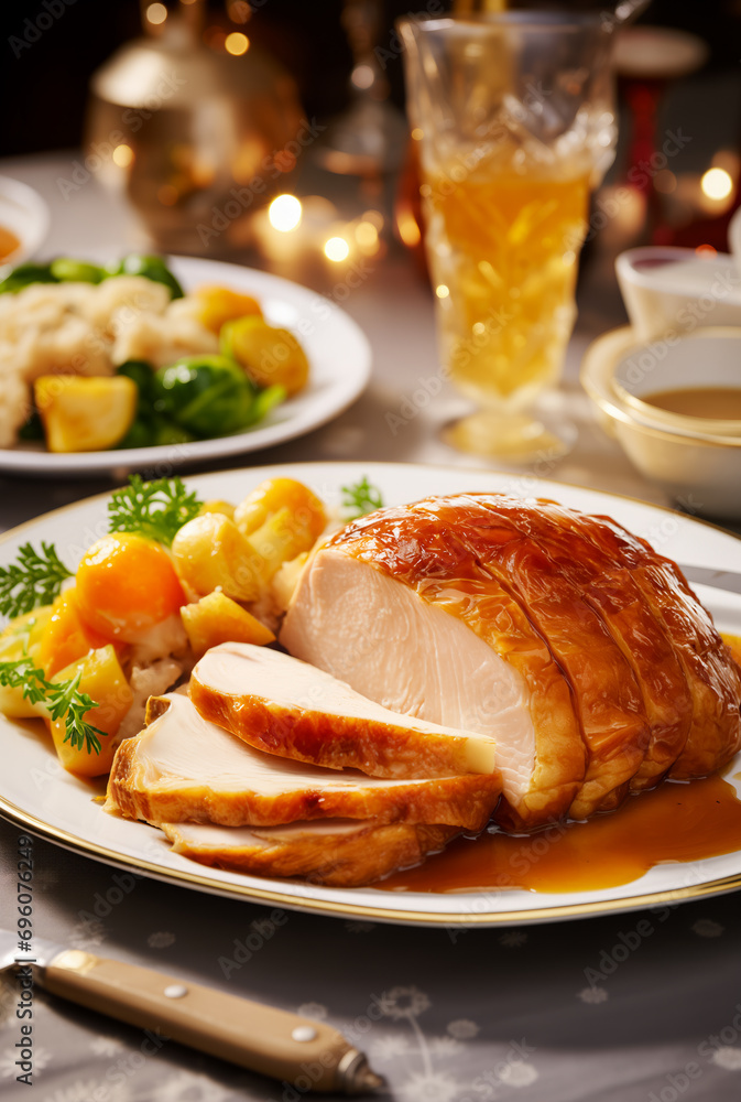 Glazed roasted meat with gravy and stuffing sliced on a plate. Festive table background. Vertical, close-up, side view. Glazed roasted meat with gravy and stuffing sliced on a plate. Festive table background. Vertical, close-up, side view.