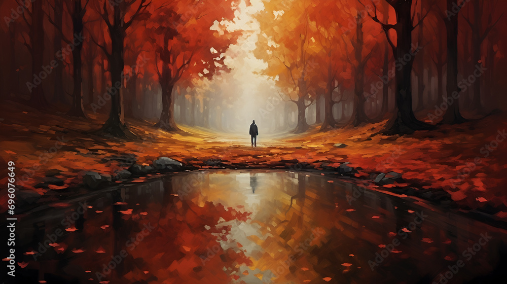 Obraz premium Autumn painting of a Person in forest surrounded by vibrant red leaves on trees and ground.