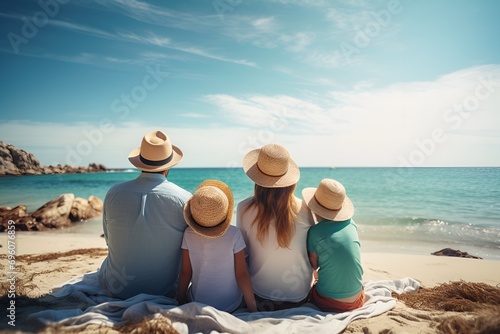 Familie sitzt am Strand und blickt aufs Meer, ein Paar mit zwei Kindern