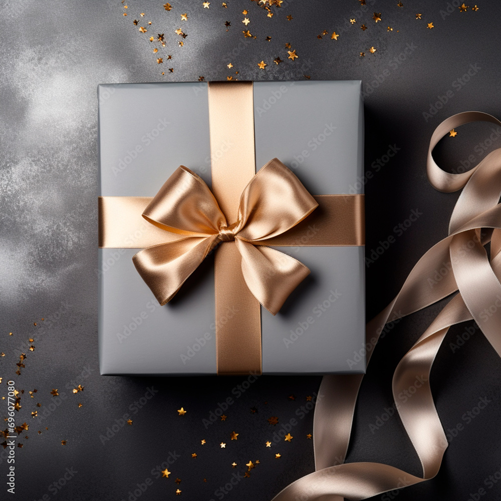 Dark grey gift box with gold satin ribbon and bow, on dark background. 3D design. Christmas gift with space to copy. Flat, top view.